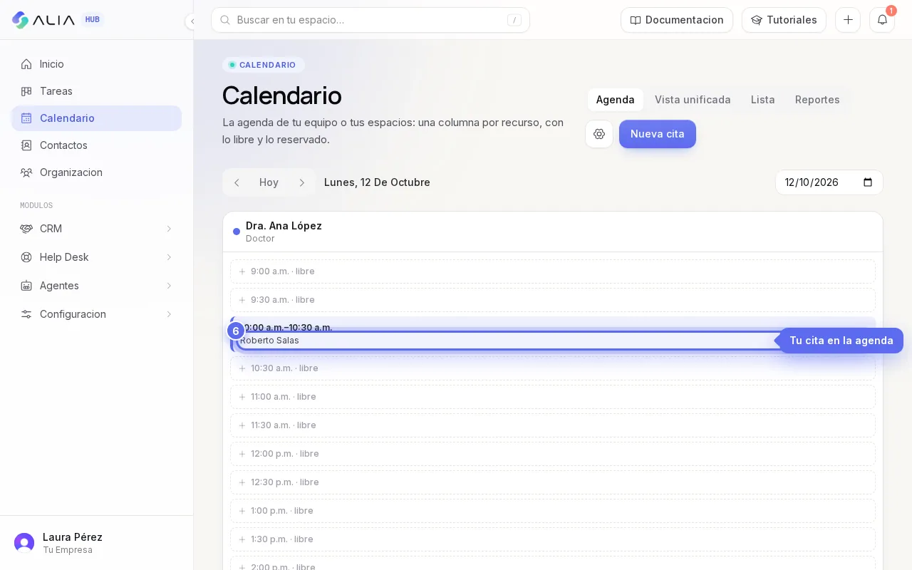 Agenda de ALIA Hub con la cita de Roberto Salas confirmada para el lunes a las 10:00 a.m.