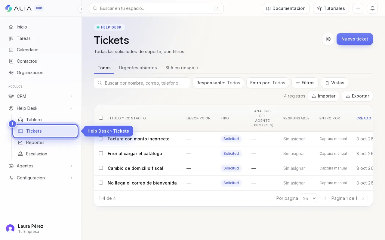 Help Desk: Help Desk, Tickets: todas las solicitudes de soporte, con filtros.