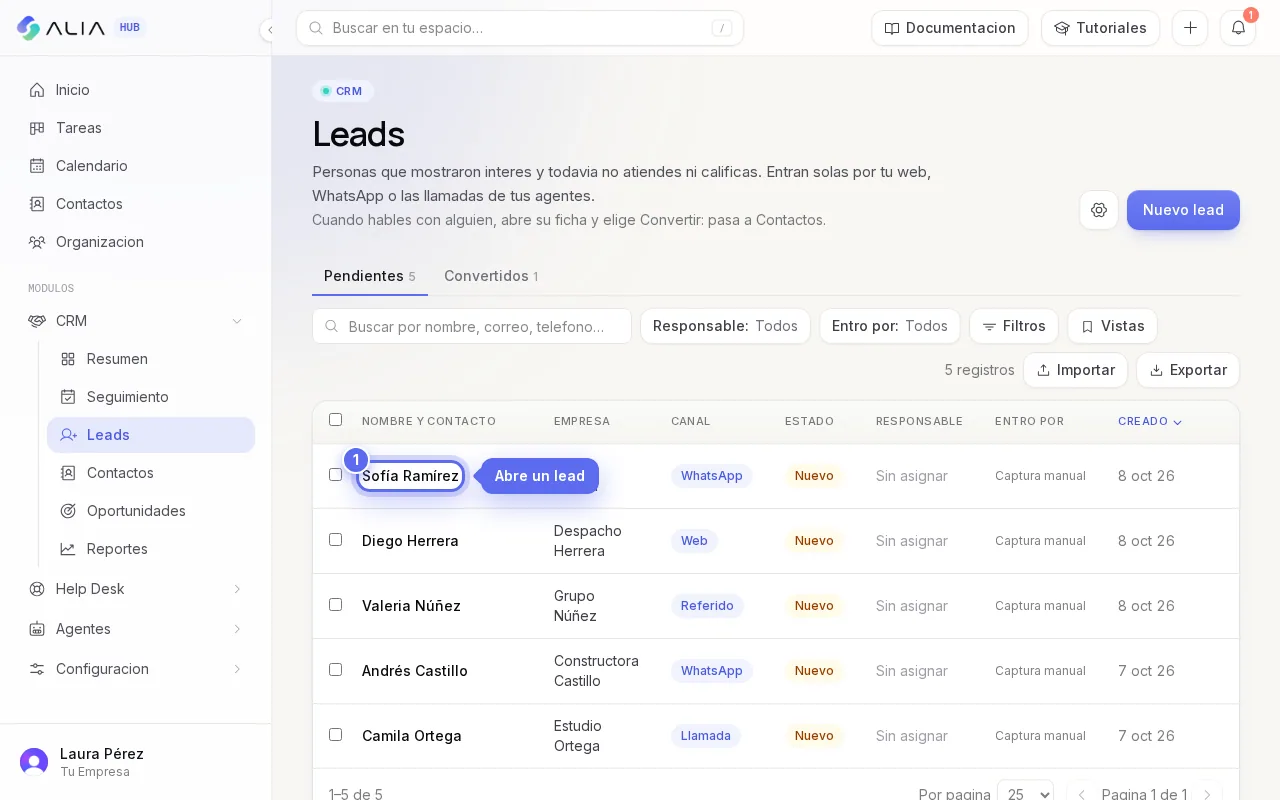 CRM: Abre la ficha de un lead desde la lista.